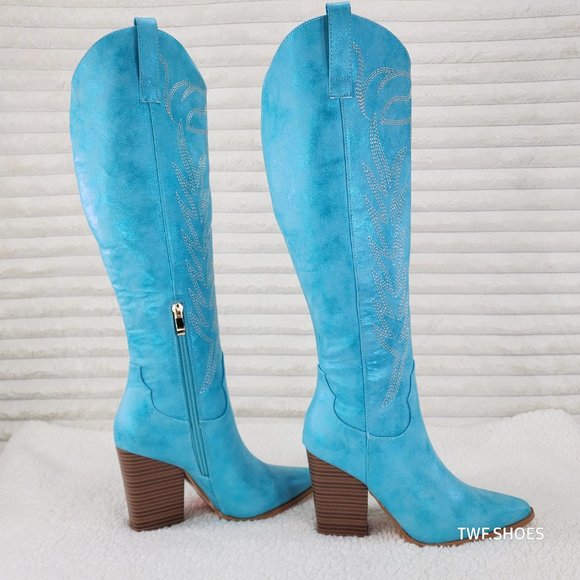 Cruising Brush Metallic Country Western Cowgirl Knee Boots Turquoise Blue